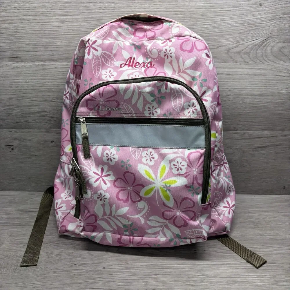 LL Bean Backpack Pink Floral Print School Travel Bag Reflective “Alexa”